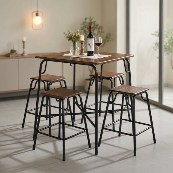 Demi Bonn Dining Set, Dining Table Set, 5 Pieces Bar Table Set with 4 Counter Height Backless Stools, for Home, Restaurant, Rustic Brown