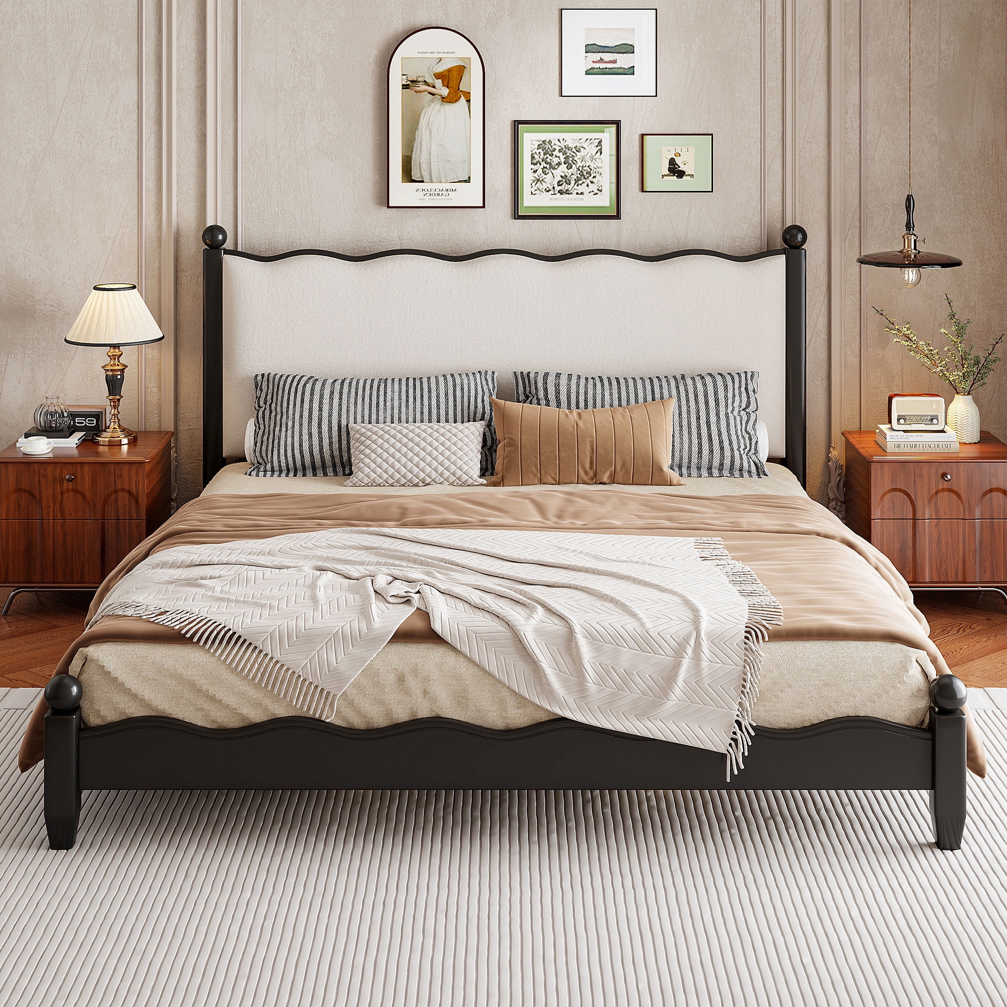Alvantor Queen Size Wood Platform Bed with Upholstered Headboard, Solid Slat Support, Black + Beige