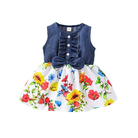 

Farrubbyine8 Girl Summer Sleeveless Dress Denim Stitching A-line Princess Dress