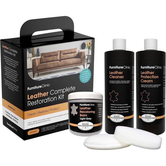 Furniture Clinic Leather Complete Restoration Kit | with Leather Recoloring Balm, Cleaner, 2-in-1 Protection Cream & Conditioner, Sponge, and Cloth | Repair Kit for Furniture (Light Grey)