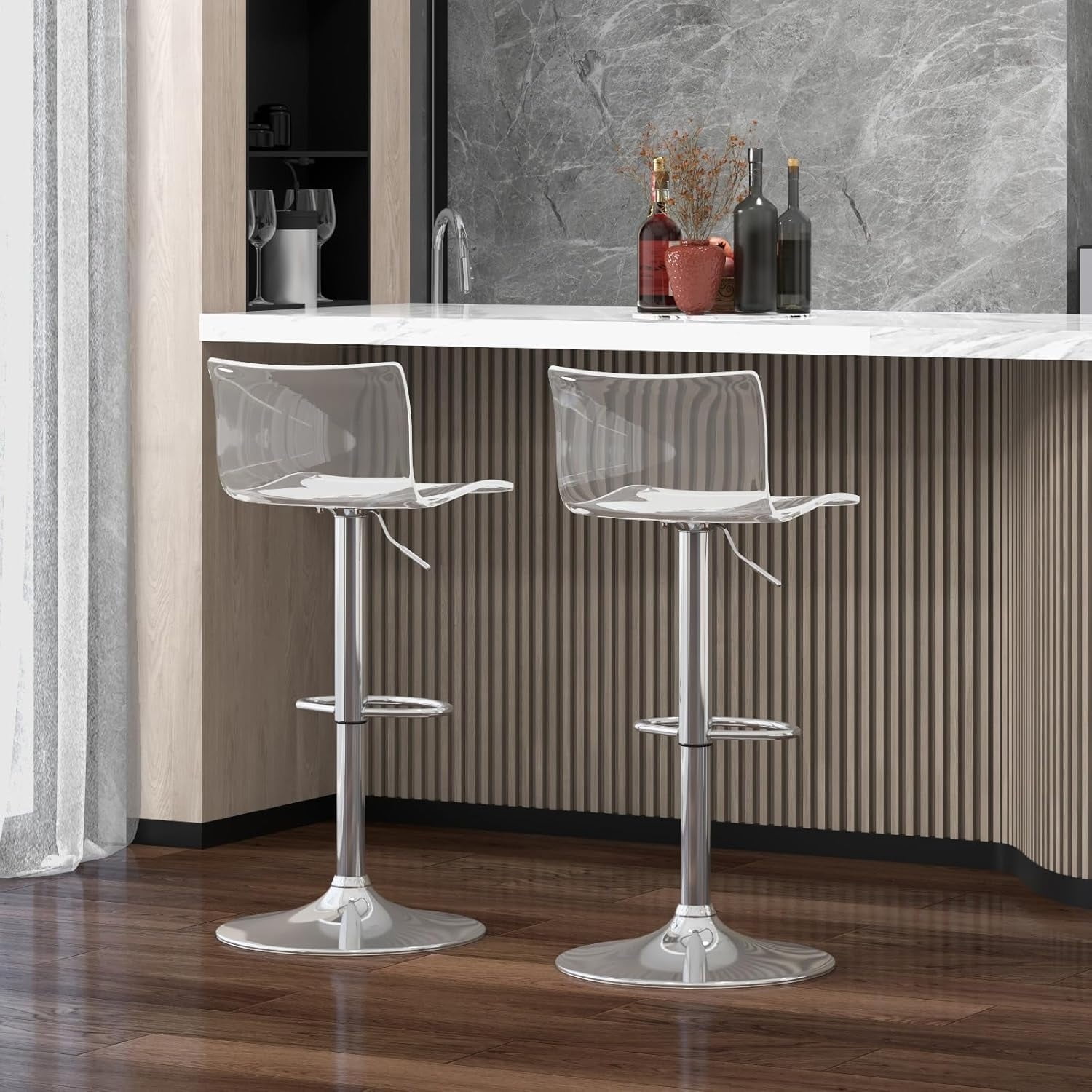 Acrylic Bar Stools Set of 2, Clear Adjustable Height Silver Base Barstools with Back, 360° Swivel Transparent Modern Bar Stool for Kitchen Island, Dining, Bar, Pub