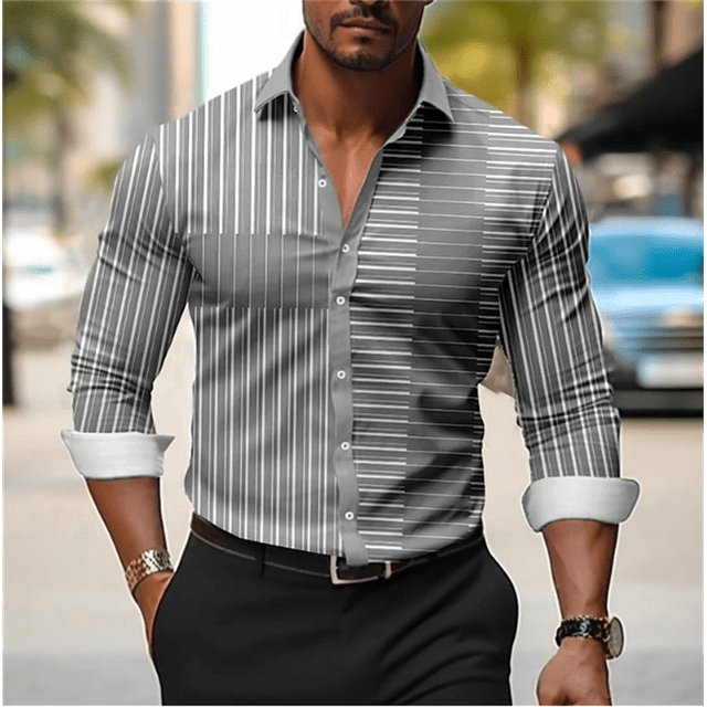 Camisa estampada casual a rayas con bloques de color para hombre ropa de trabajo al aire libre uso diario camisa de manga larga con solapa de primavera y verano