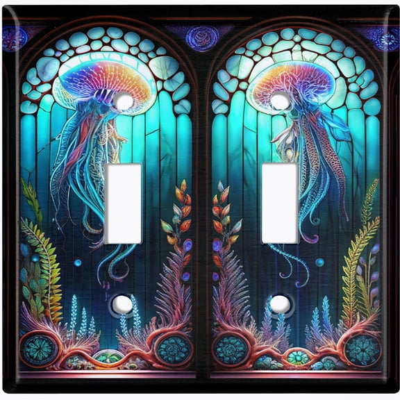 Metal Light Switch Wall Plate Outlet Cover (Printed Image of Stained Glass Jellyfish - Double Toggle)