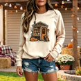 thumbnail image 2 of Women Crew Neck Halloween Witch House Graphic Sweatshirt, Drop‑Shoulder Long Sleeve Loose Pullover, Vintage Retro Fall Holiday Top for Halloween Party Trick‑or‑Treat Daily Wear, 2 of 4