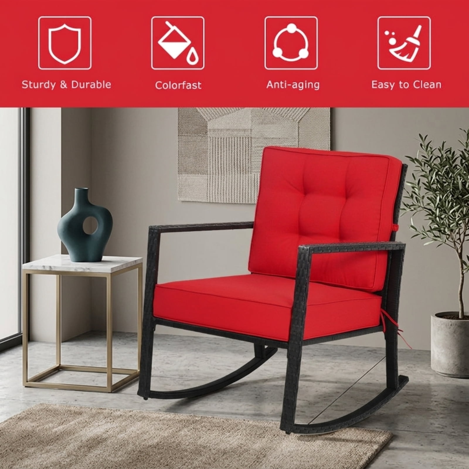 Furnibear Patio Rattan Rocking Chair Outdoor Glider Lounge Chair with Red Cushion, Wicker Rocker for Lawn Garden Deck Backyard, 360 lbs