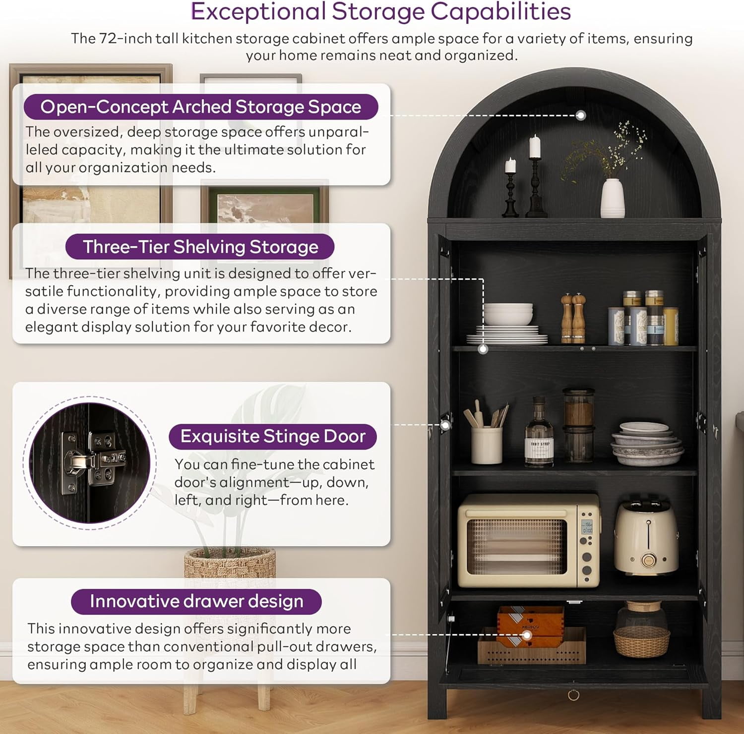 73" Tall Arched Pantry Cabinet with Innovative Drawer, Kitchen Cabinet with Anti-Tipping Device and Glass Door, Versatile Cupboard for Kitchen, Dining, Black