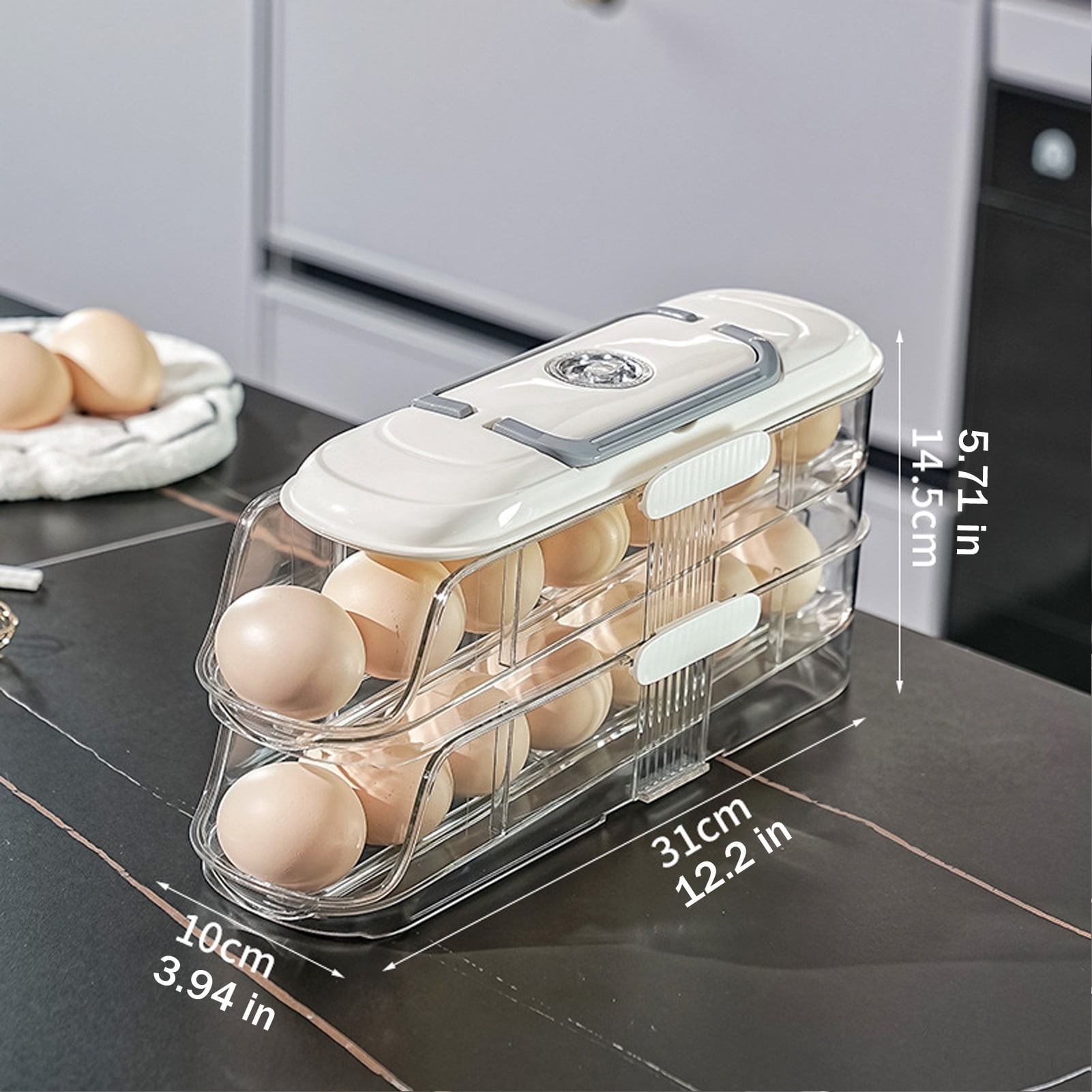 mdesiwst Automatic Rolling Egg Holder 1/2/3-Tier Kitchen Fridge Fresh Egg Storage Rack Plastic Egg Organizer Container Dispenser with Handle