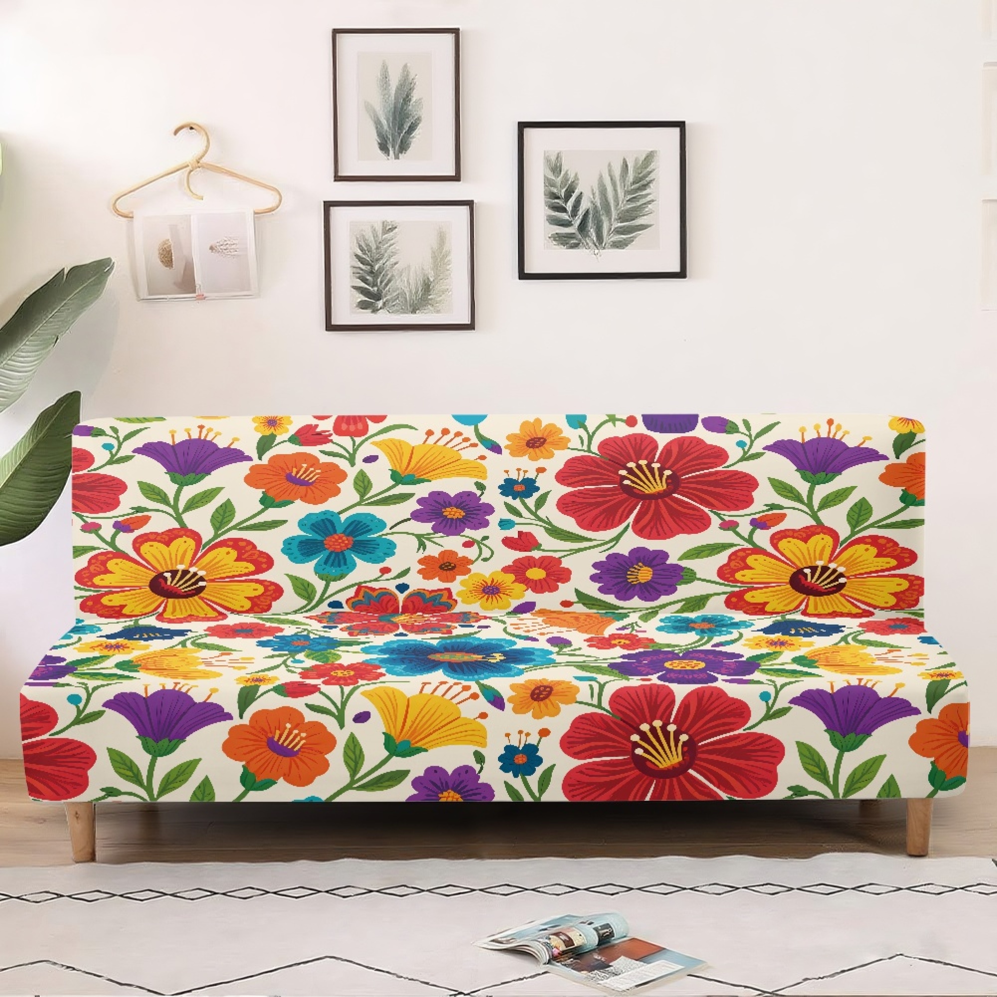 ZIATUBLES Futon Couch Cover Armless, Stretch Sofa Slipcover Dustproof Furniture Protector Elastic Non-Slip Washable for Sofa Bed, Living Room, Colorful Flower Print