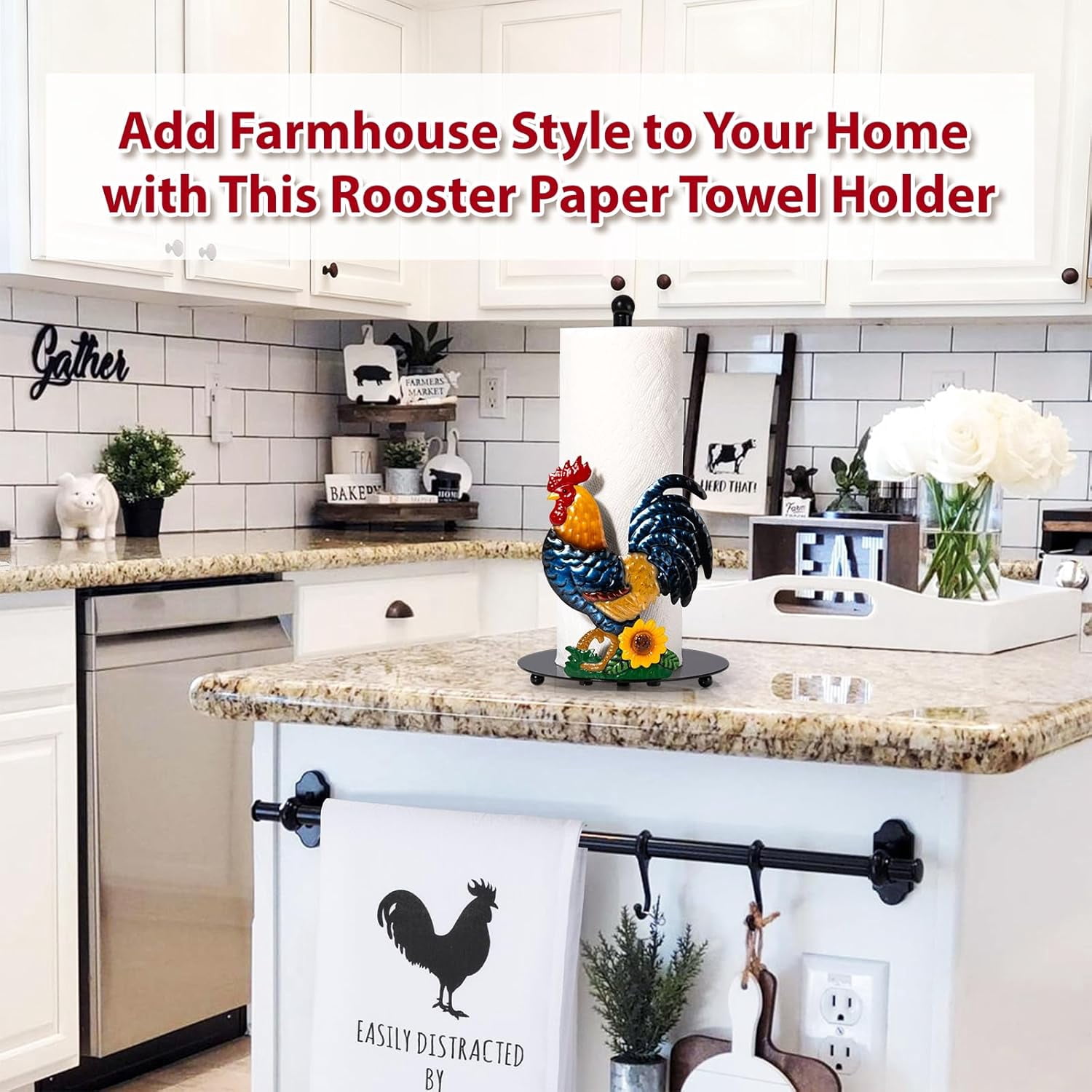 ThrottleT - Rooster Paper Towel Holder Countertop - Sunflower & Chicken Farmhouse Kitchen Decor and Accessories, Rustic Housewarming Gift for Rooster & Farmhouse Enthusiasts, Weighted Base