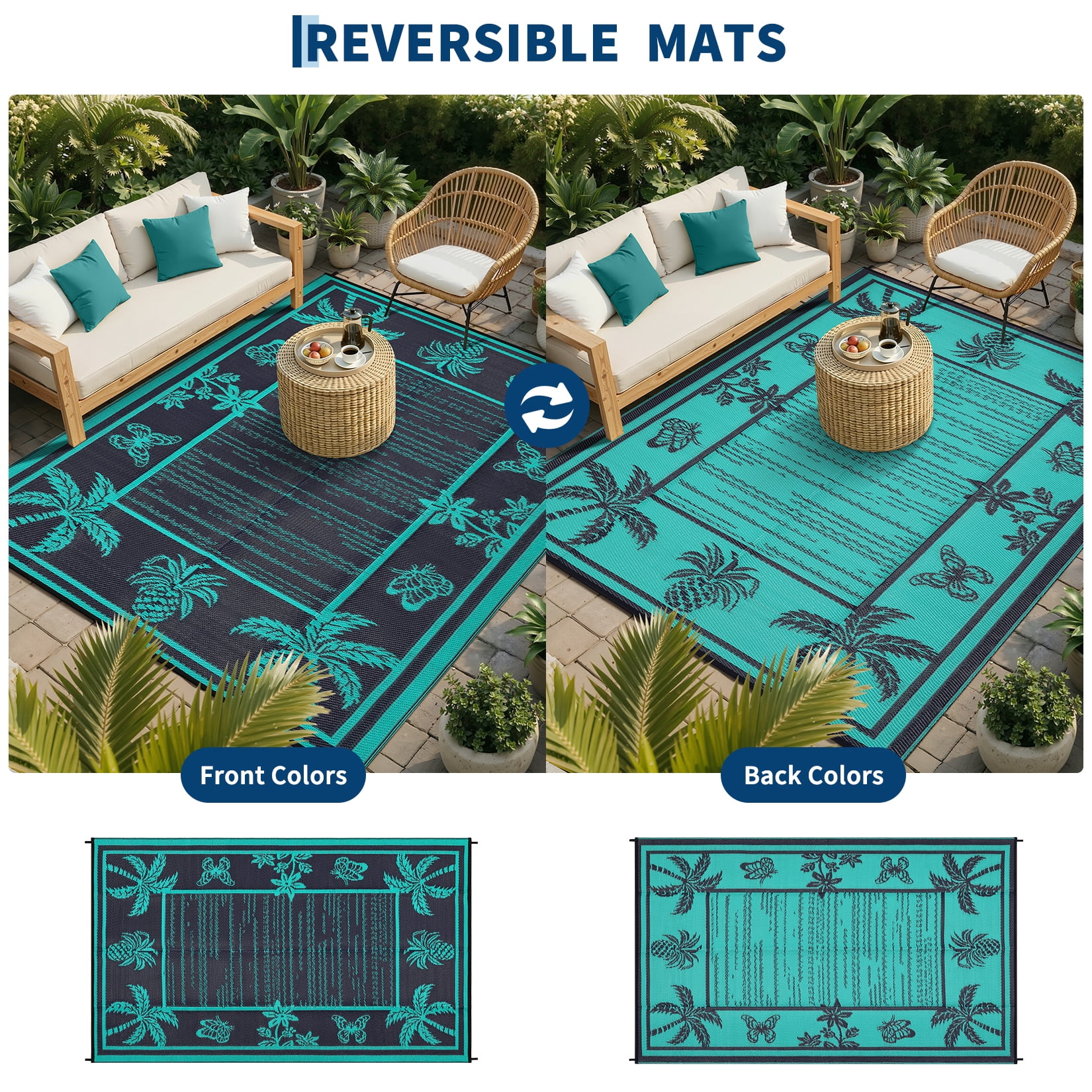 Nanan 8'x10' Outdoor Patio Rug, Waterproof Reversible Camping Rug, Portable Foldable Floor Cover for Picnic, Beach, Deck, Backyard, Dark Blue Green Black