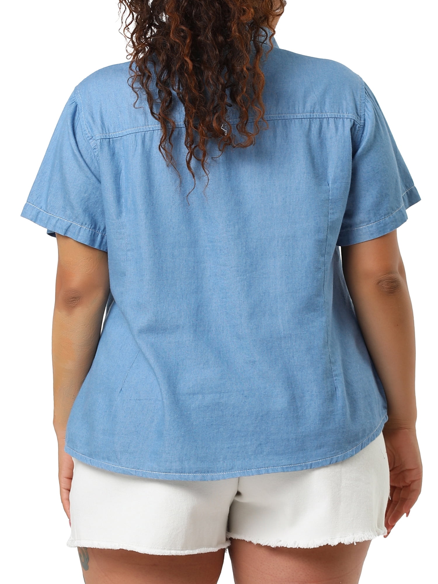 DARING DIVA Women's Plus Blouse Chest Pocket Button Down Demin Shirt 1X Light Blue