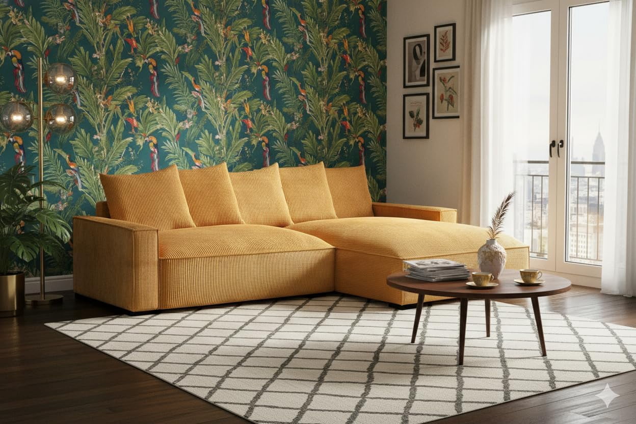 106.7-Inch L Shaped Loveseat and Chaise, Luxe Large Two-Piece Right Facing Sectional Sofa for Living Room,Upholstered with Corduroy Fabric, Right Facing, Ginger
