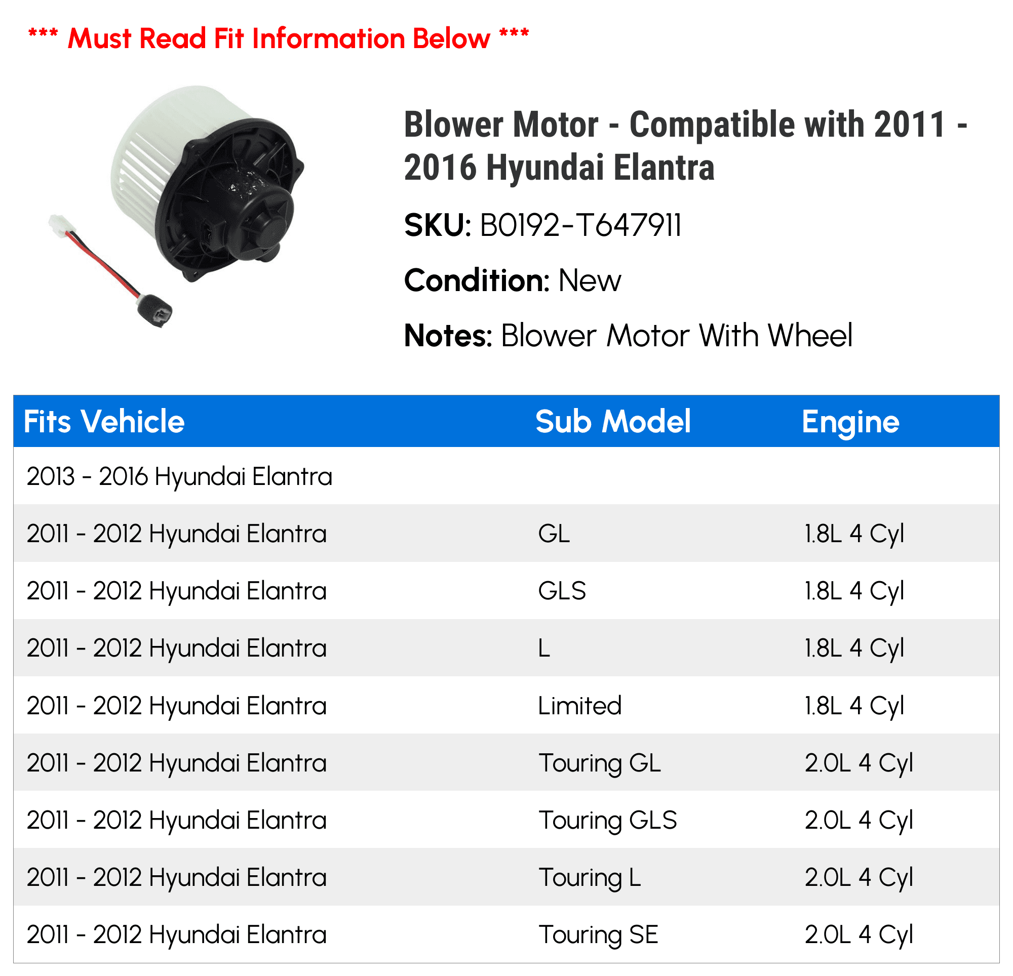 Blower Motor - Compatible with 2011 - 2016 Hyundai Elantra 2012 2013 2014 2015