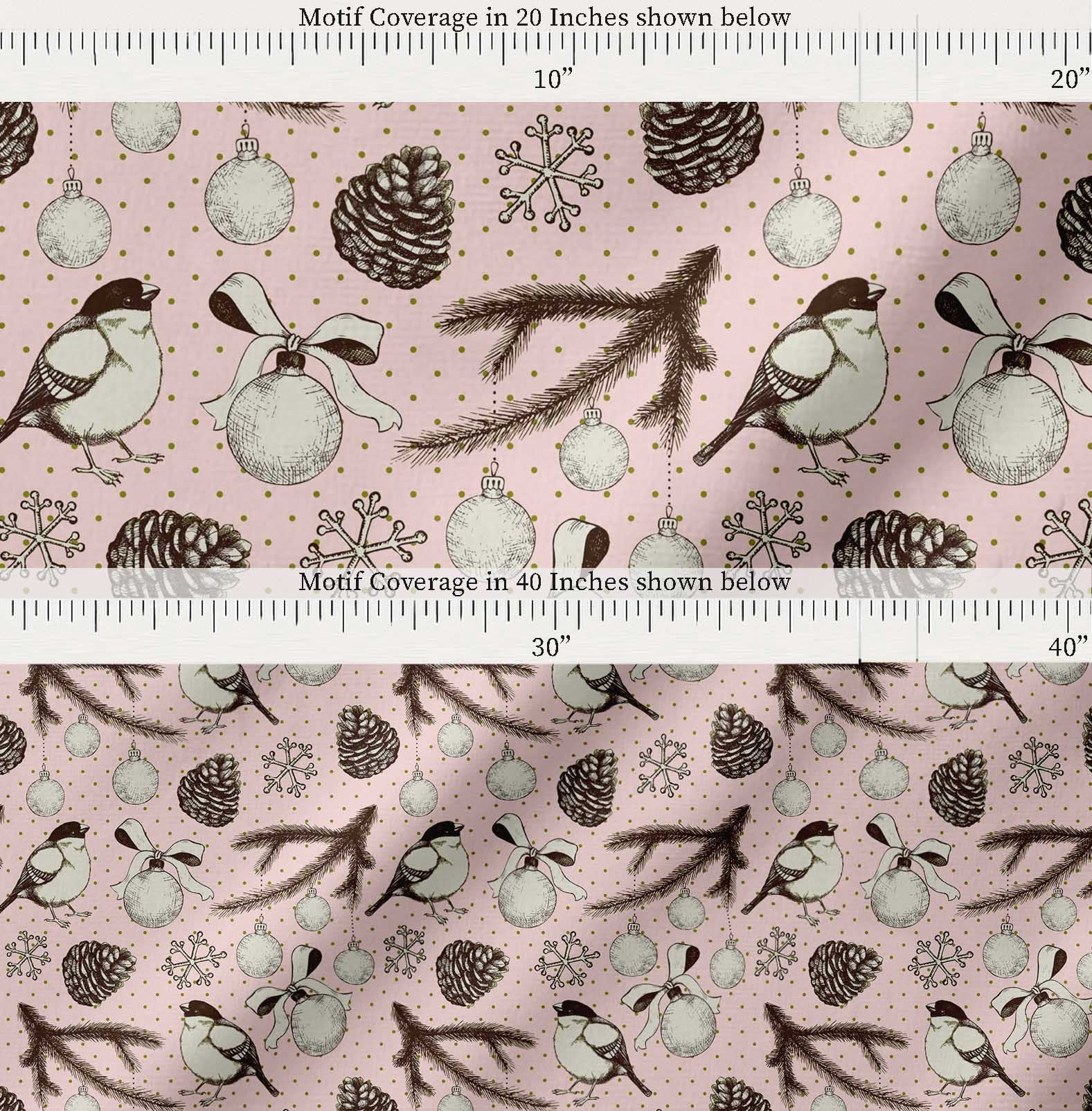 Soimoi Pink Cotton Cambric Fabric American Robin & Baubles Christmas Print Fabric by The Yard 56 Inch Wide