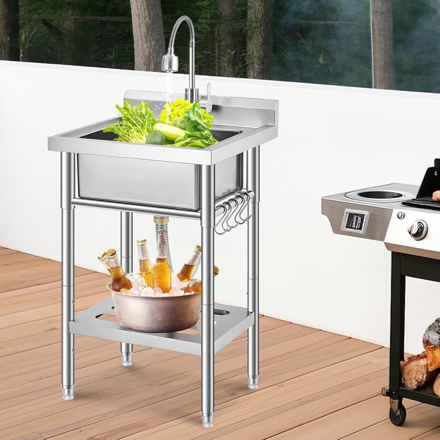 Rugerasy Stainless Steel Utility Sink,Free Standing Single Bowl Kitchen Sink,Adjustable Leg Height,w/Faucet,Hot and Cold Water Pipes,Commercial Laundry Tub,Hook,Storage Shelf for Indoor Outdoor