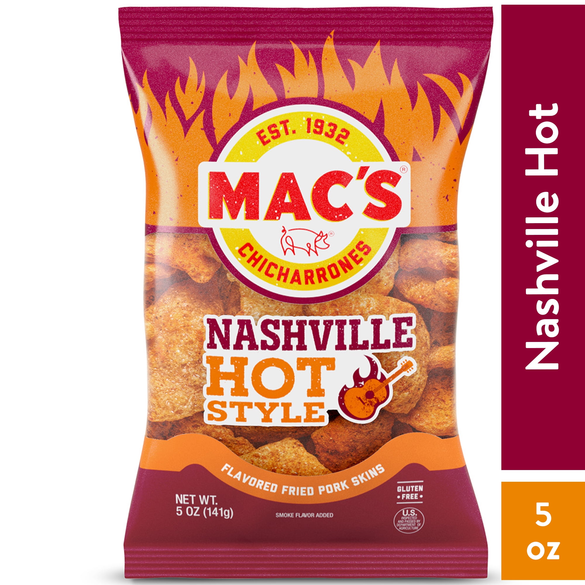 Mac's Nashville Hot Style Pork Skins, 5 oz Bag