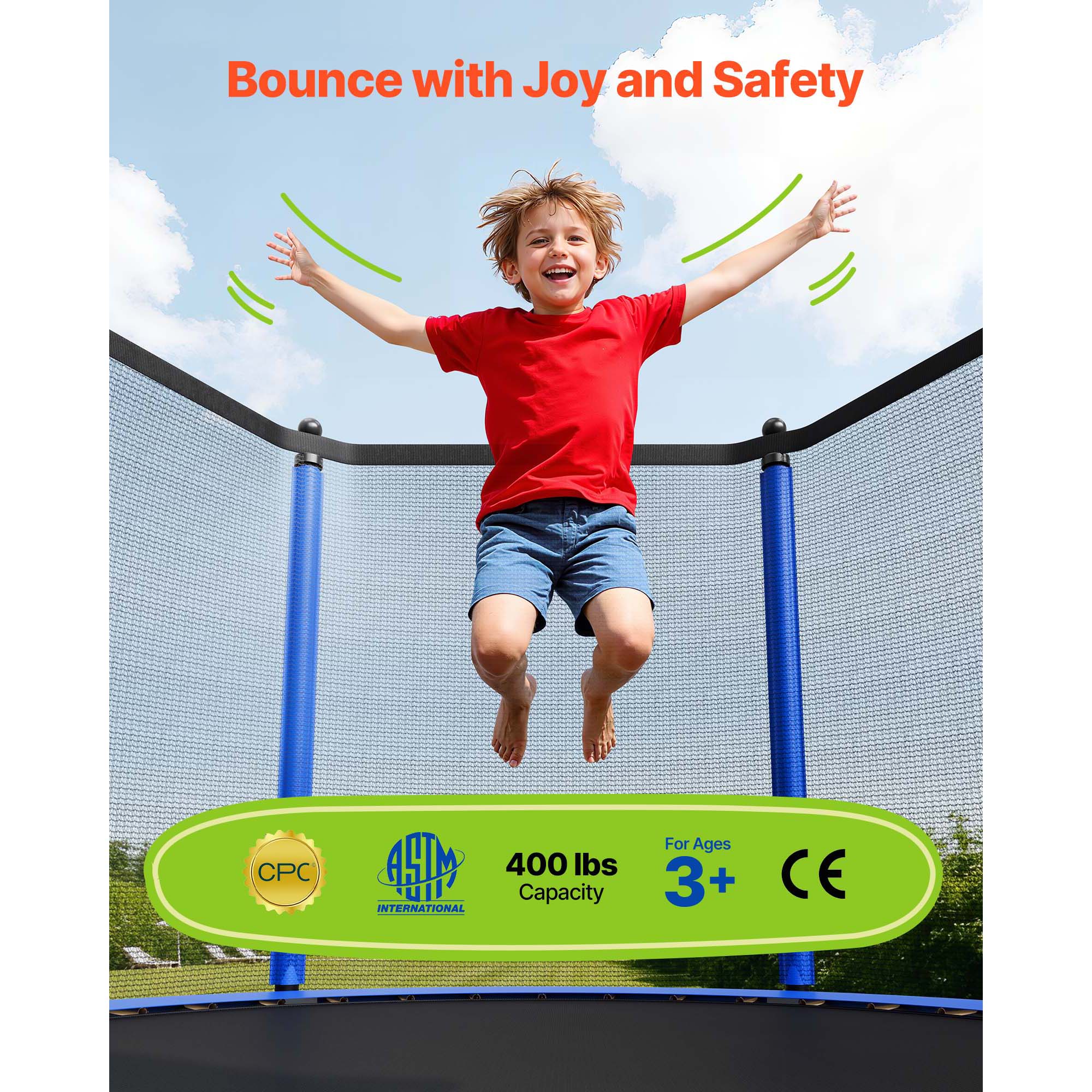 KFFKFF 12FT Outdoor Trampoline with Safety Enclosure, ASTM Certified, Durable Design, 400 lbs Weight Limit, Rust-Resistant Recreational Trampoline for Backyard Fun