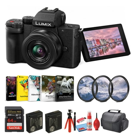 Panasonic Lumix G100 4K Mirrorless Camera with 12-32mm Lens for Photo and Video Vlogging (DC-G100KK) + Filter Kit + 64GB Card + Extra Battery + Corel Photo Software + Card Reader + Bag + More