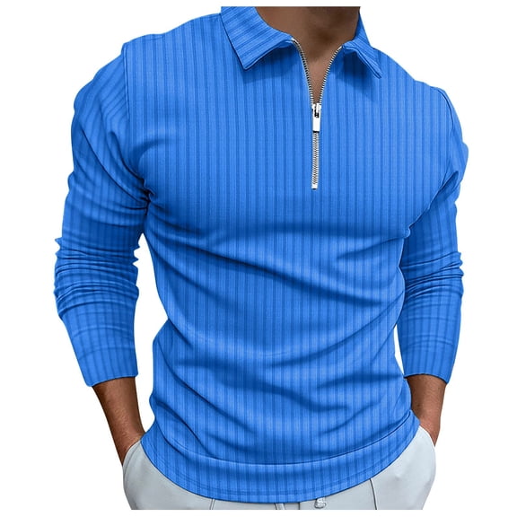JTieacloth Button Casual Tee Collared Men New Striped Zipper Shirt Lapel Shirt Long Sleeved T Shirt Autumn And Winter Business Casual Jacket Blue L