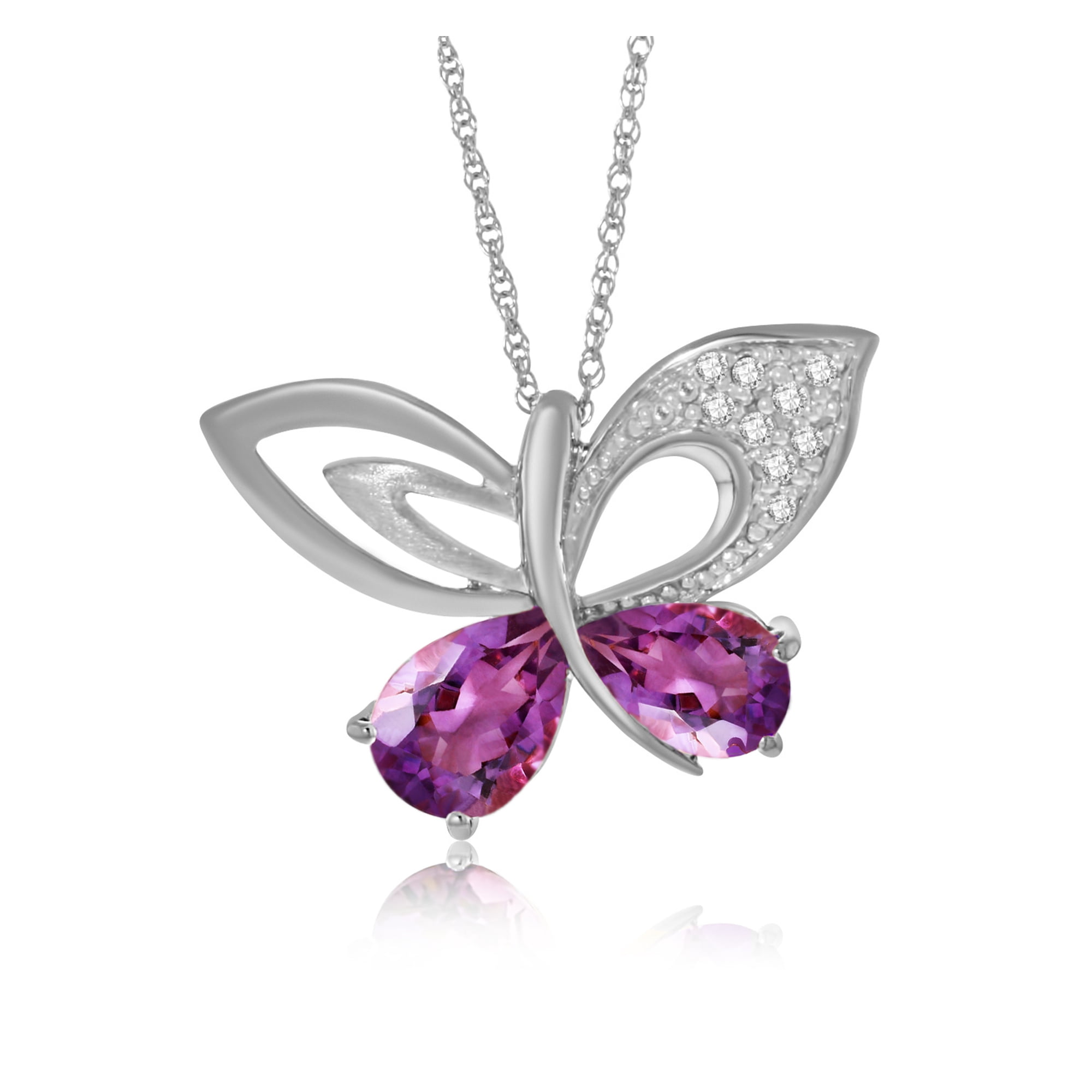 Galaxy Gold 14K Solid Gold Natural Diamond & Amethyst Butterfly Necklace for Women - White Gold Fine Jewelry
