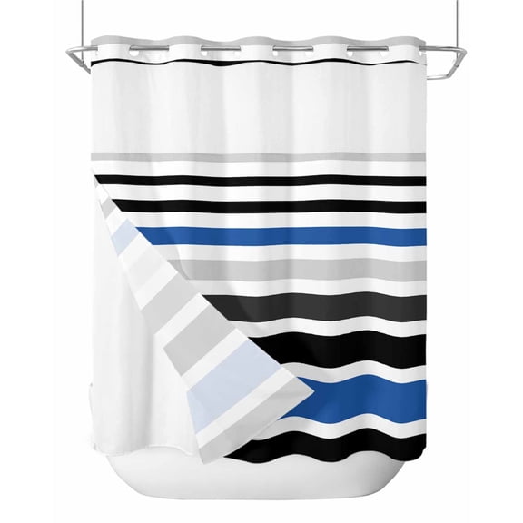 No Hook Shower Curtain with Snap-in Liner, Navy Blue Black Stripe Waterproof Fabric Bathroom Curtains, Modern Abstract Coarse Striped Bath Curtains & Mesh Top Window 66"x72"