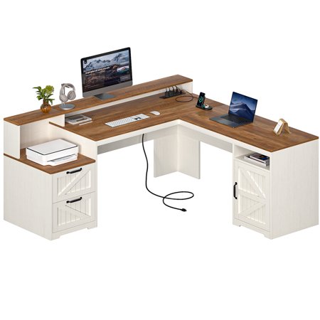 63 Farmhouse L Shaped Executive Desk with Drawers & Storage Shelf Corner Computer Desk with Power Outlets L Shaped Office Desk with Monitor Stand Printer Shelf Antique White
