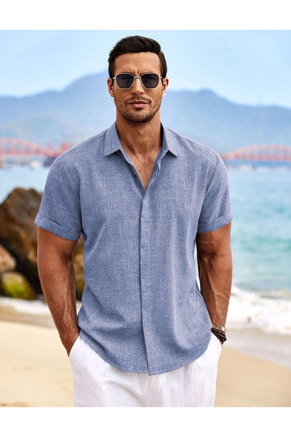 Men's Linen Shirts Short Sleeve Casual Shirt Button Down Shirt for Men Beach Summer Wedding Shirt