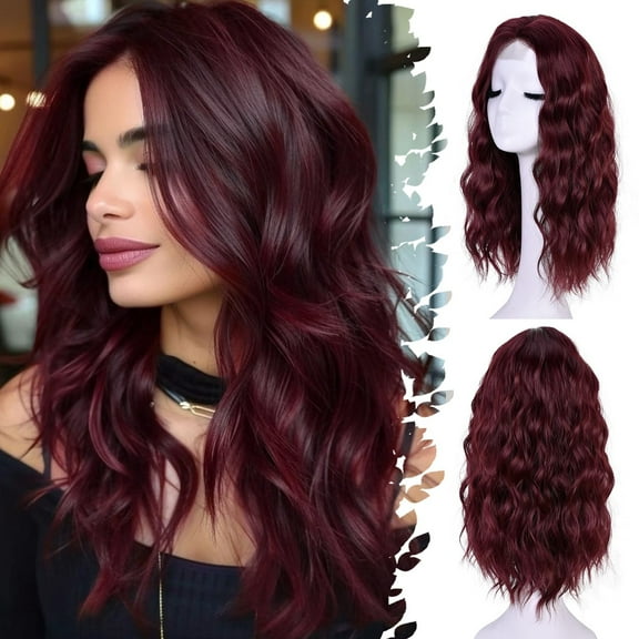 Short Wavy Wigs for Women 18Inch Bob Wave Wig Middle Part Synthetic Lace Front Natural Hairline Hair for Daily Party Use(Burgundy)