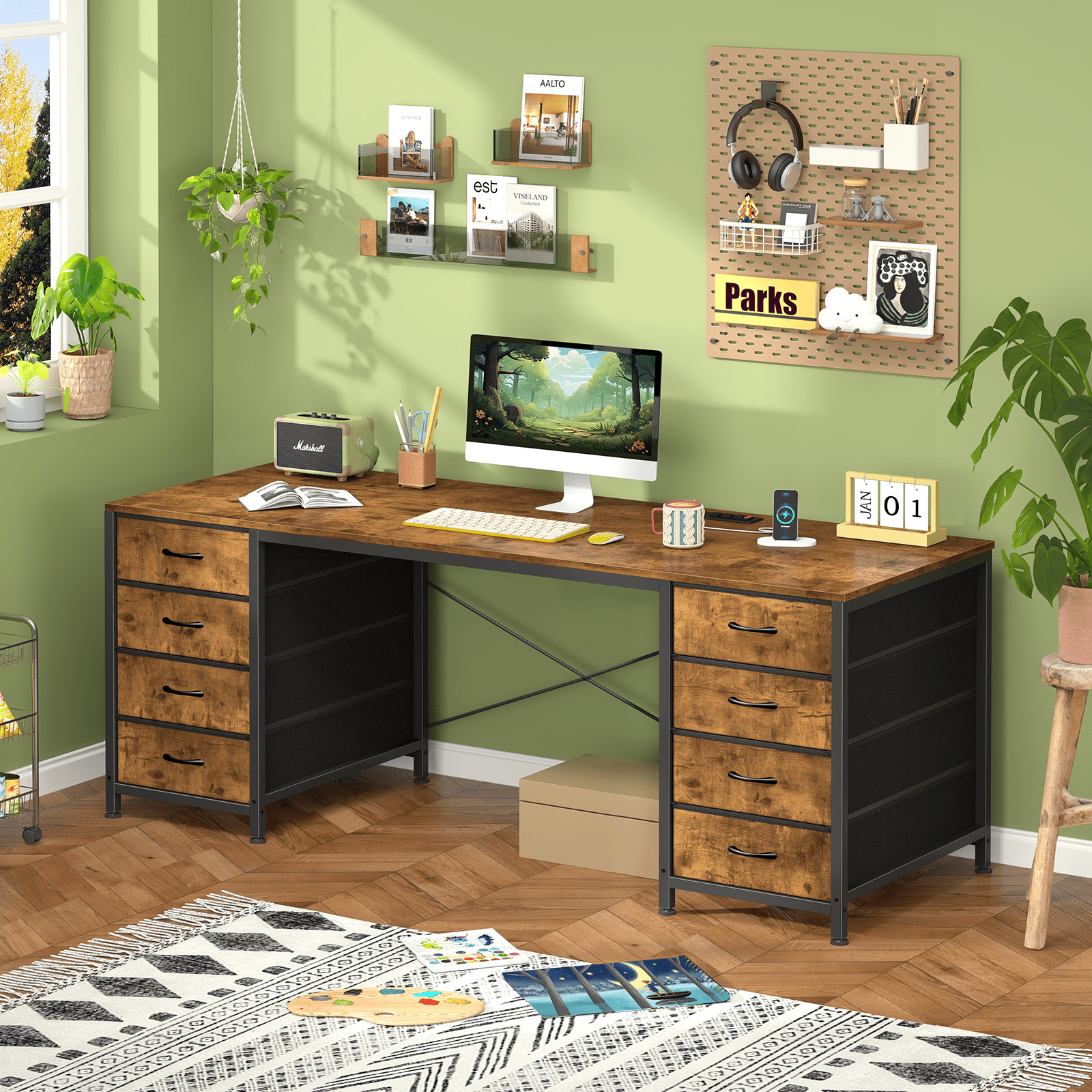60 Inch Computer Desk with 8 Drawers, Home Office Desk with Power Outlets, Work Study Gaming Desk with 8 Fabric Drawers, Rustic Brown