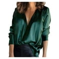 thumbnail image 2 of YEJIMAN Green V Neck T Shirts For Women, Polyester Oversized Tshirts For Women, Women's Temperament Solid Color V-Neck Shirt Satin Silky Soft Casual Top, 2 of 7