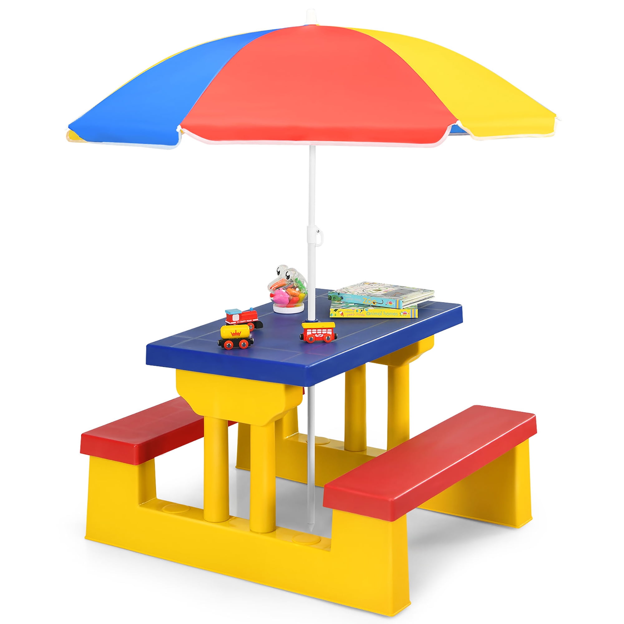 Costway 4 Seat Kids Picnic Table with Umbrella Garden Yard Folding Children Bench Outdoor Made with Durable Wood Seats Up to 4 Children 