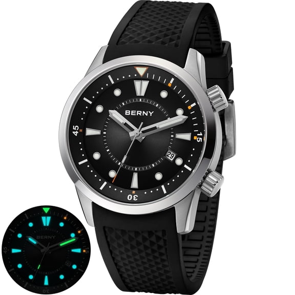 BERNY Automatic Dive Watches for Men Sport 200M Waterproof Self Winding Analog Mechanical Watch with Date Silicone Strap Luminous Sapphire Crystal Fashion Men's Pro Diver Watch (Black)