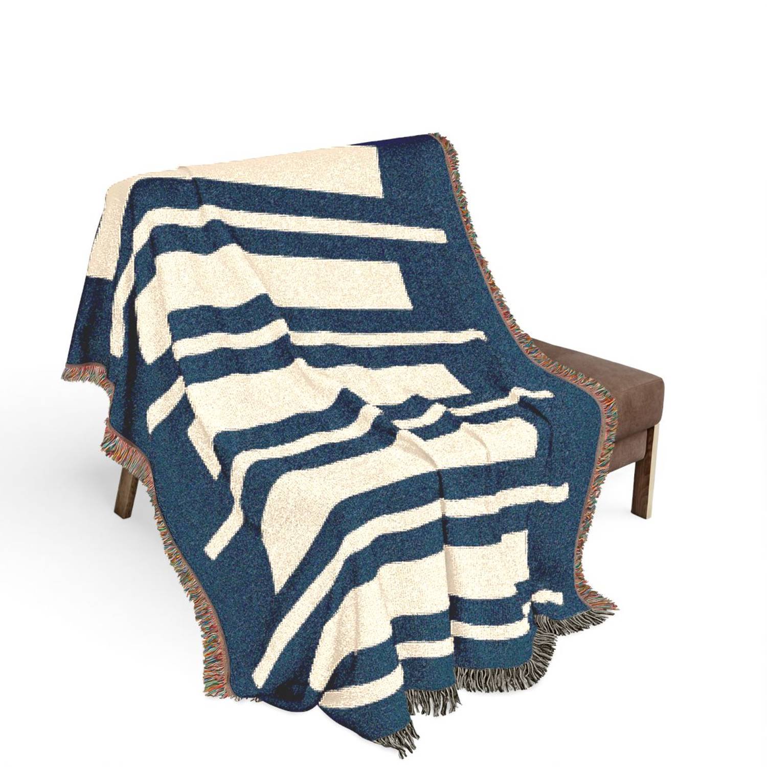 Blue and Cream Minimalist Geometric Bars Woven Throw Blanket 100% Cotton Modern Abstract Decor