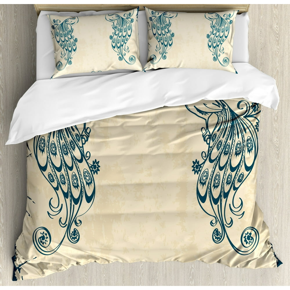 Peacock Duvet Cover Set, Retro Style Vintage Artwork with Peacocks