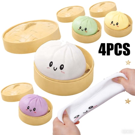 KOYPTL 4PCS Giant Dumpling Stress Ball with Steamer Box Soft Simulation Colored Dumpling Squishies with Face Stress Relief Sensory Ball Gift for Everyone Adults Play Easter Basket Fillers Christmas