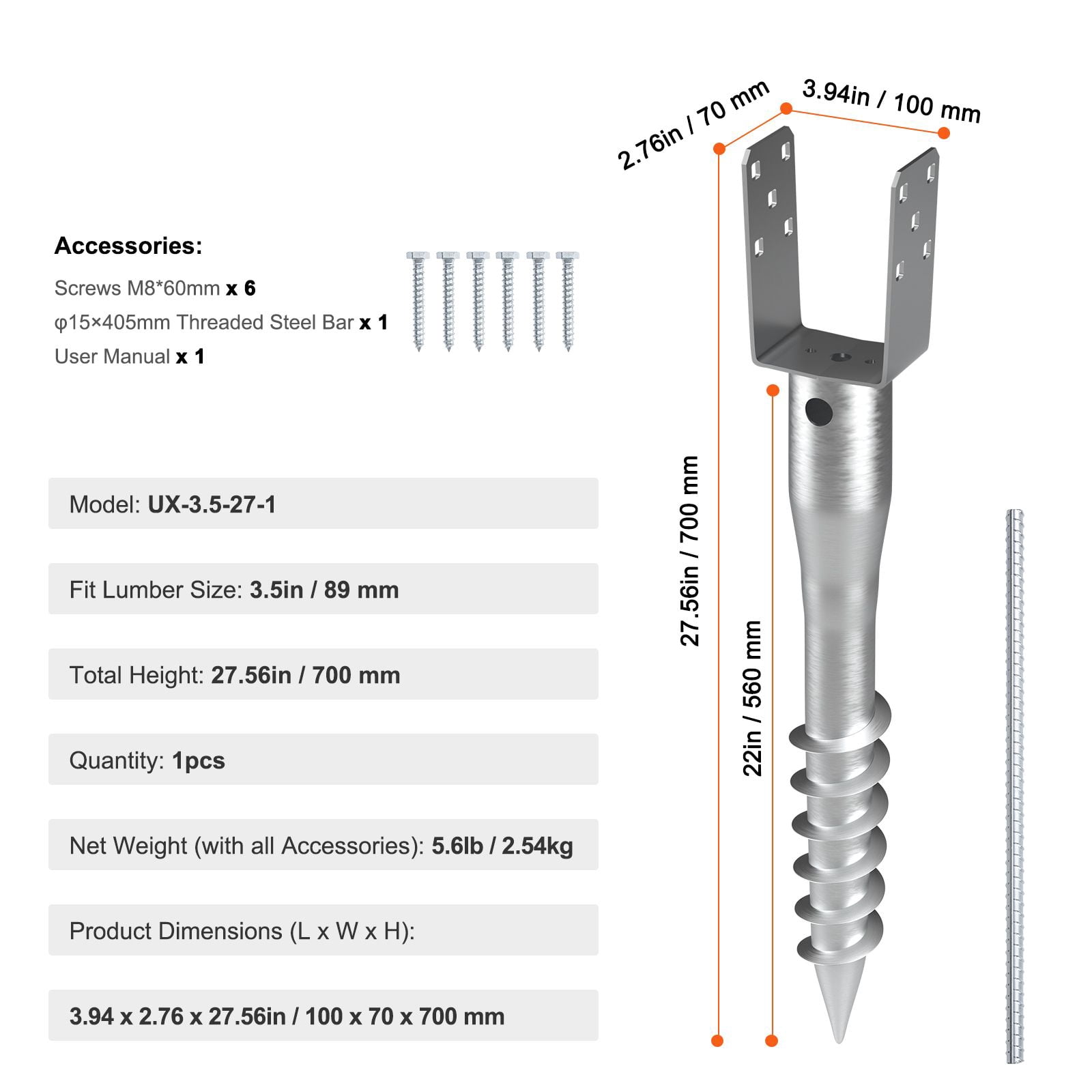 Fence Post Spike for 3.5" Timber, Thickened Hard Steel, Corrosion-Resistant Powder Coating, Spiral Bottom, Easy Ground Installation for Fencing