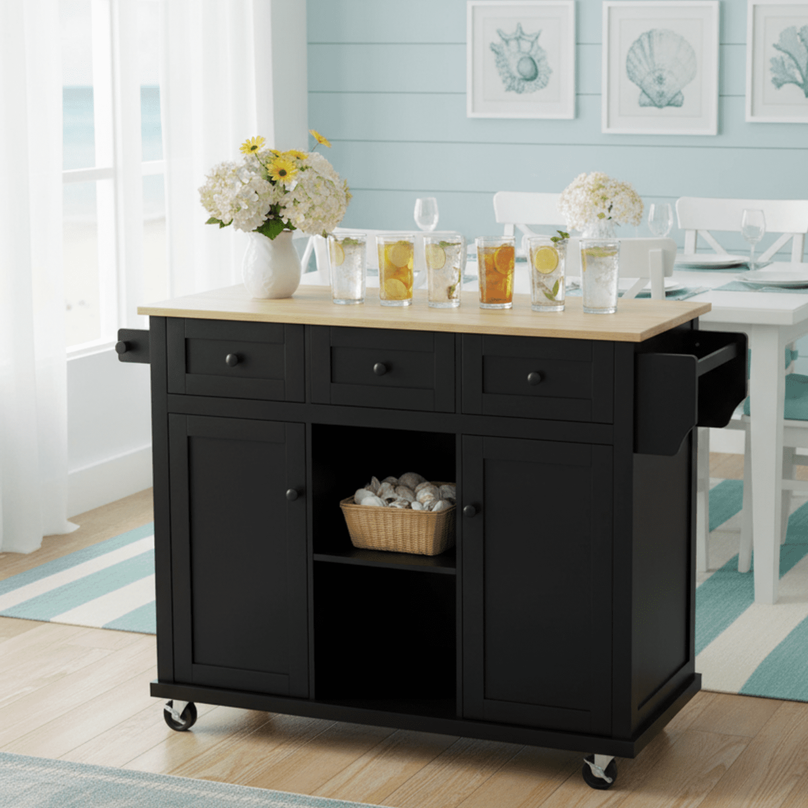 Homy Casa Kitchen Serving Cart With Drop Leaf and Storage, Black