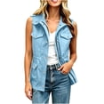 thumbnail image 4 of BVnarty Women's Sleeveless Utility Vest Lapel Collar Waist Drawstring Multi Pockets for Fall Winter Daily Casual Wear Light Blue XXL, 4 of 8