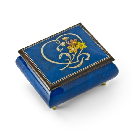 Gorgeous Dark Blue Stain Heart and Floral Wood Inlay Music Box - Around the World in 80 Days (V.Young) - (Best Way To Keep Hawks Away)