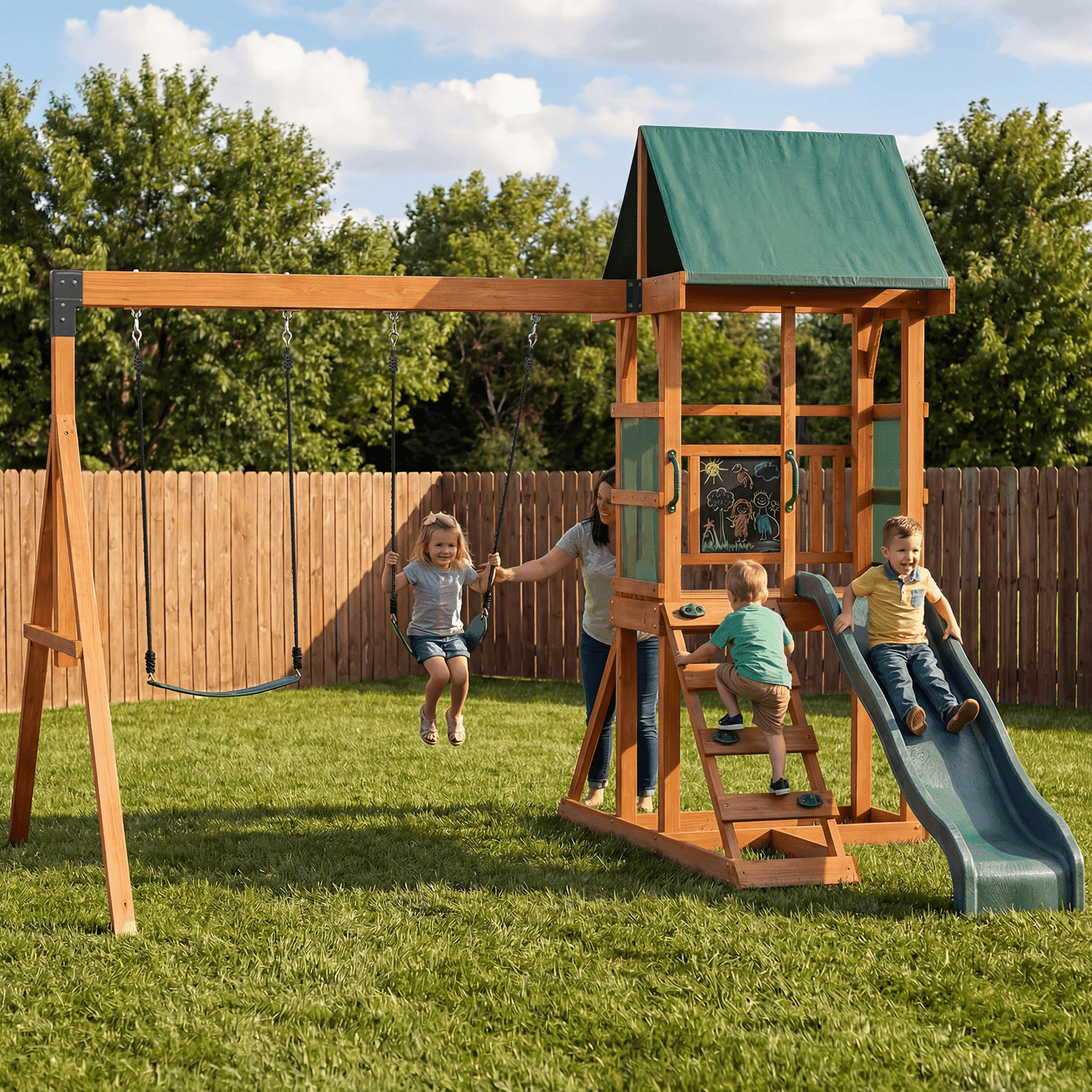 KloKick Cedar Wooden Swing Set with 8' Wave Slide, Metal Monkey