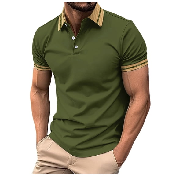 Bibifish Mens Polo Shirts Plain Solid Short Sleeve Strip Contrast Lapel Collar Solid Black Shirts Summer Leisure Wear Tops