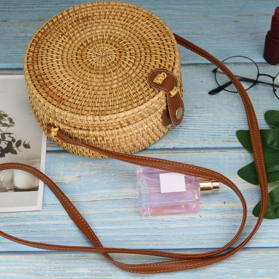 AYYUFE Handwoven Round Rattan Bag with Shoulder Strap Large Capacity Natural Chic Travel Use Messenger Bag for Women