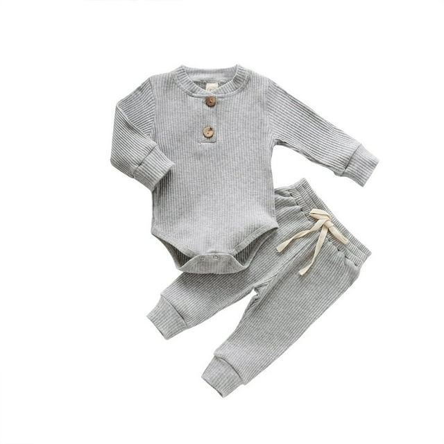 CNKOO Newborn Infant Baby Boys Girls Fall Winter Clothes Ribbed Long Sleeve Romper Tops and Pants Outfits Set