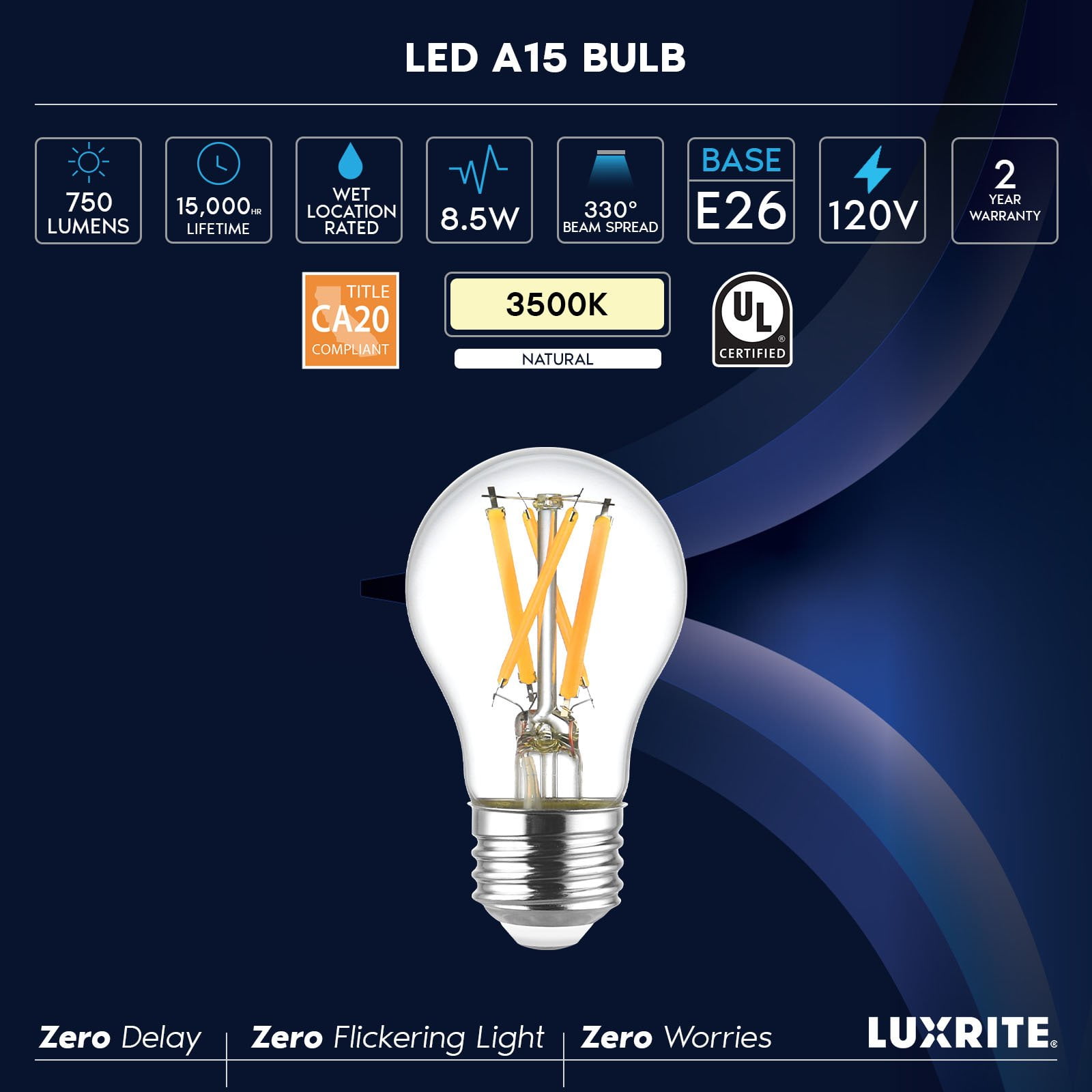 LUXRITE A15 Edison LED Bulb, 8.5W=60W, Dimmable, 3500K, 750 Lumens, Enclosed Fixture Rated, E26 Base, UL Listed 6 Pack