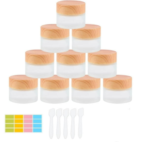10pcs Refillable Glass Jars For Cosmetics - 15g, With Wood Grain Caps | Perfect For Face Creams, Lotions, Subpackage Filling