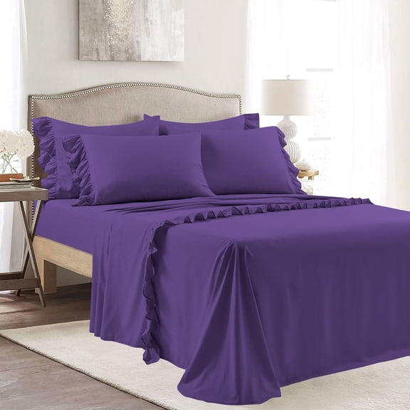 4 Piece Corner Ruffle Sheet Set, 3" Inch Corner Ruffle On Flat Sheet, 24 Inch Deep Pocket, 100% Egyptian Cotton, 800 TC, Queen Size, Solid Purple