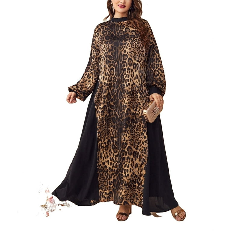 Modest Leopard Print Round Neck Tunic Long Sleeve Multicolor Plus Size Dresses Women s Walmart