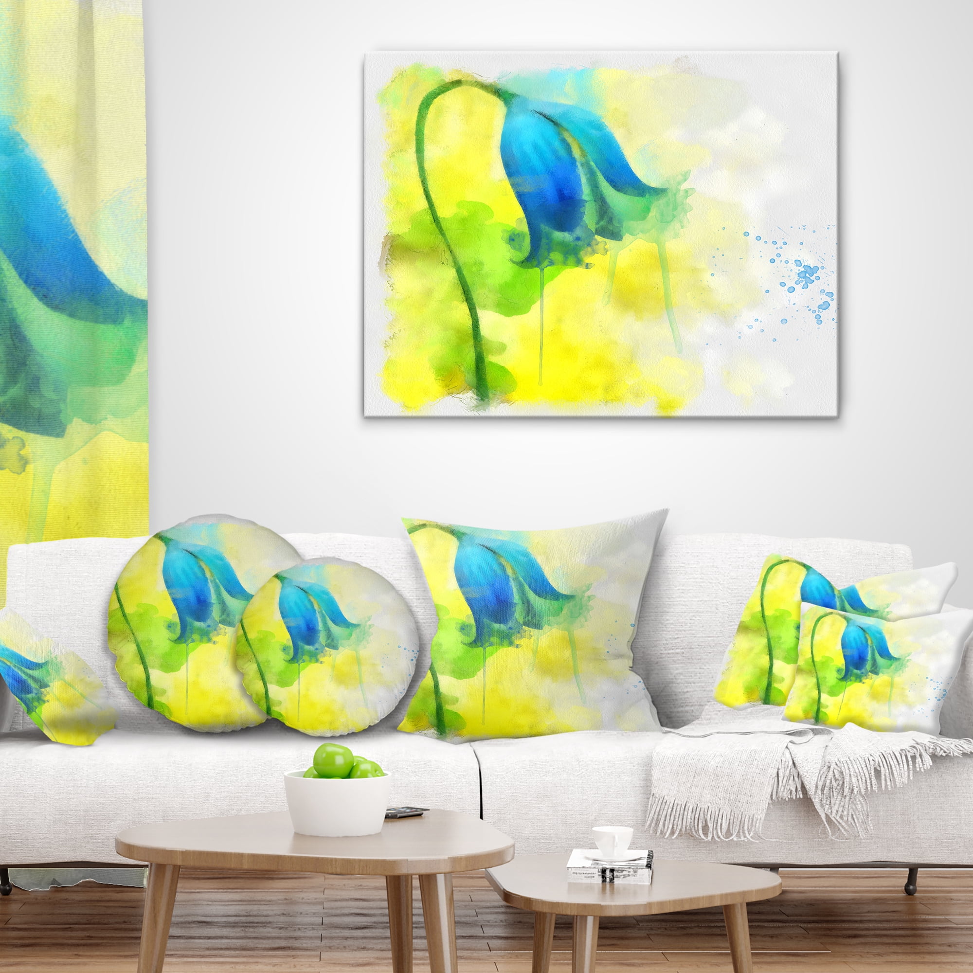 Designart Blue Flower with Yellow Splashes - Floral Throw Pillow - 16x16