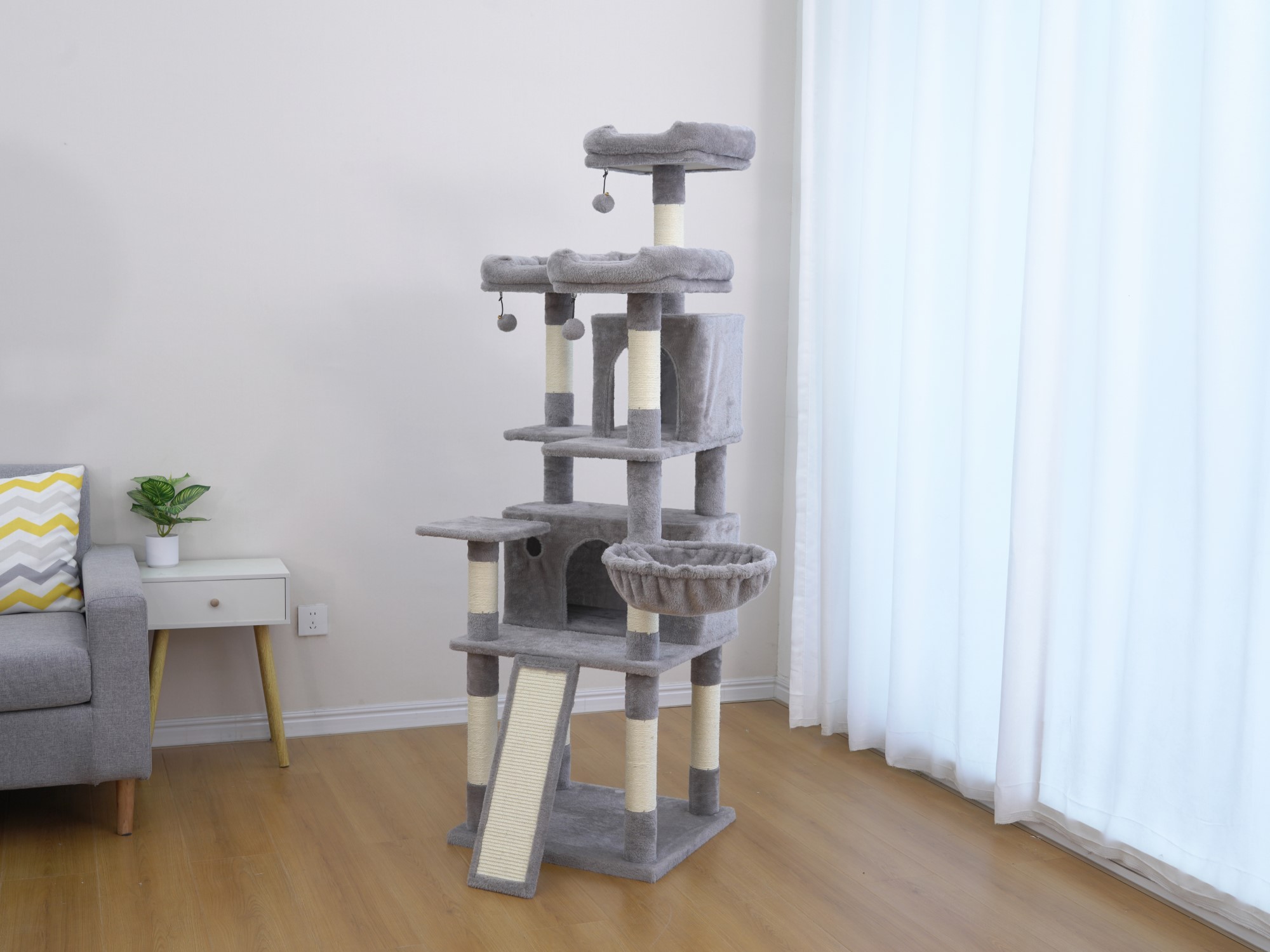 Vibrant Life Heavy Duty 7-Level 67" Cat Tree with Scratch Ramp, Hammock, and Two Condos, Light Gray