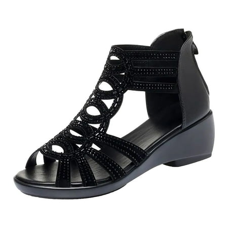 

Cathalem Women s Romanesque Beach Non Slip Rhinestone Slope Heel Open Toe Breathable Sandals Zippered Shoes Black 38